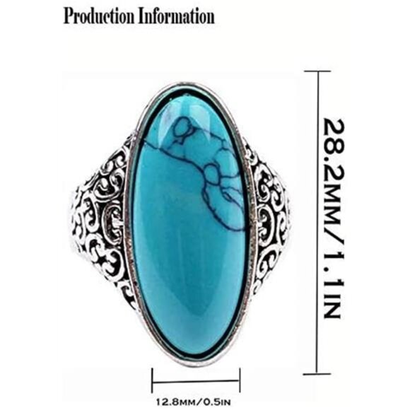 Turquoise Ring Silver Plated Statement Stone Ring Gothic Fashion Jewelry for Wom - Picture 2 of 7